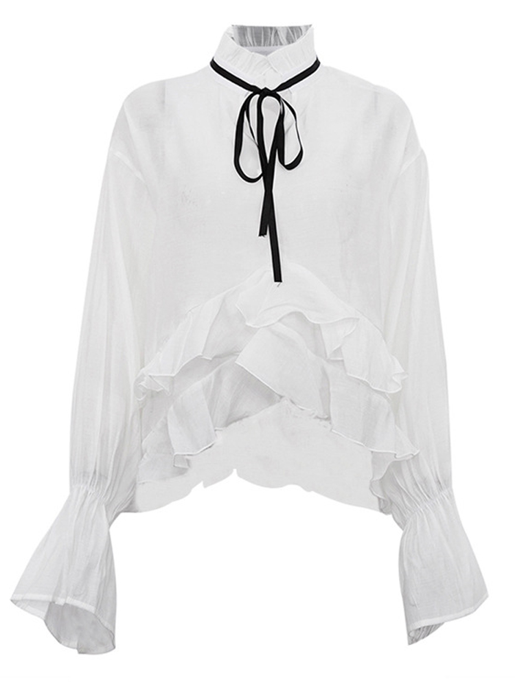 White Ruffle Hem Tie Neck Blou - Fashion Street Night review and price